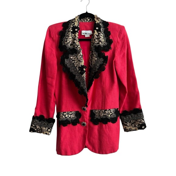 Vintage 80s/90s POPOF Linen Jacket Blazer Red, Black Lace, Padded, Gold Trim 5/6 - Picture 3 of 8